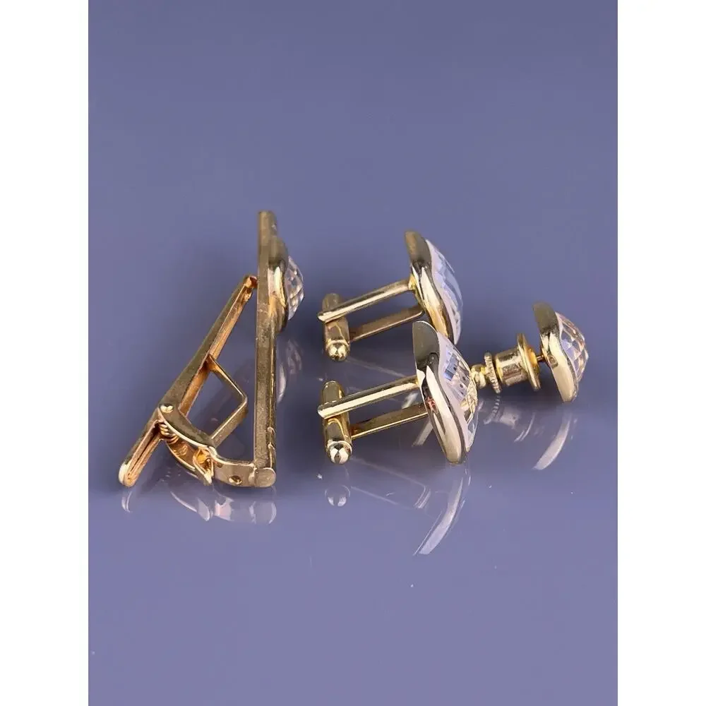 Square White Cut Rhinestone Cufflinks Tie Clip Pin Gold Tone Formal Vintage